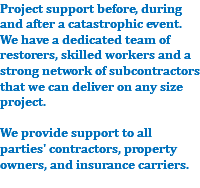 Project support before, during and after a catastrophic event. We have a dedicated team of restorers, skilled workers and a strong network of subcontractors that we can deliver on any size project. We provide support to all parties' contractors, property owners, and insurance carriers. 